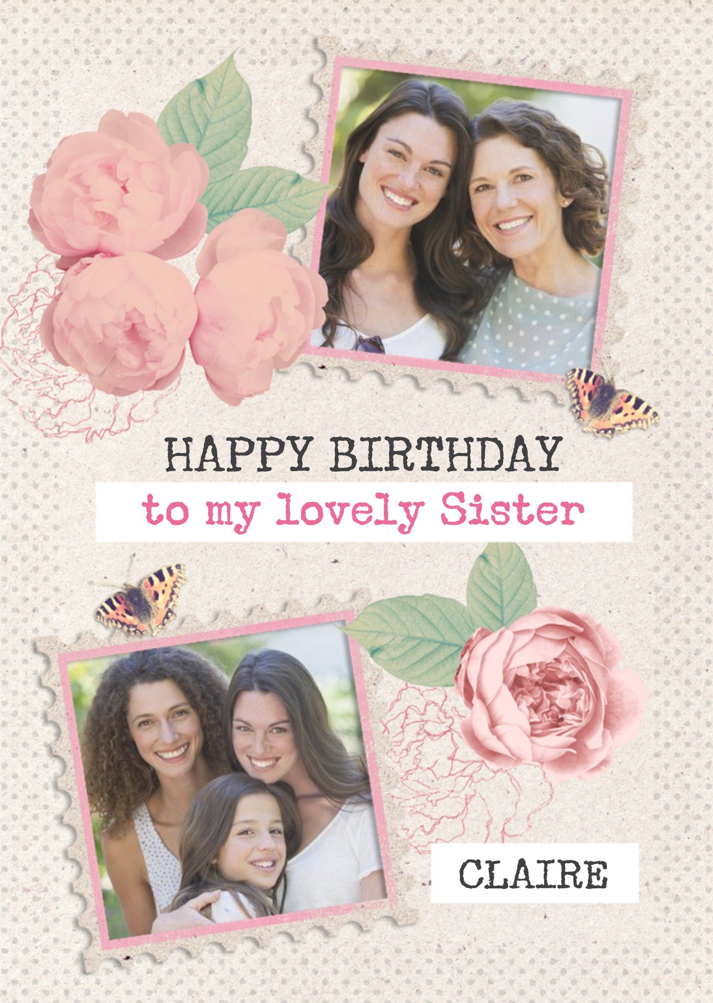 Moonpig Roses And Butterflies Personalised Photo Upload Happy Birthday Card For Sister