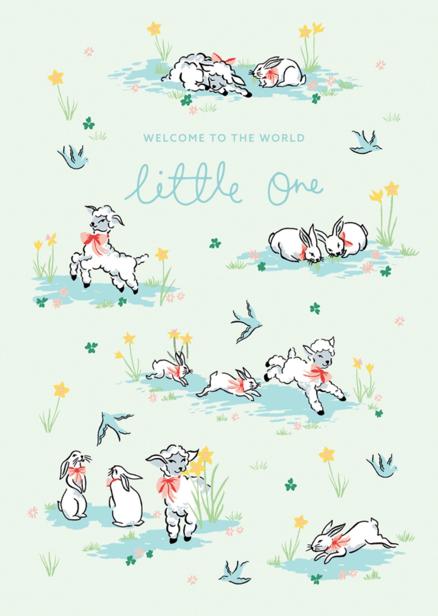 Cath Kidston Welcome To The World Little One Illustrated Lambs And Rabbits New Baby Card