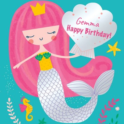 Cartoon Illustration Of A Mermaid Under The Sea Birthday Card