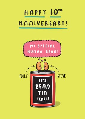 Humorous cartoon Happy 10th Anniversary card - tin anniversary - baked beans