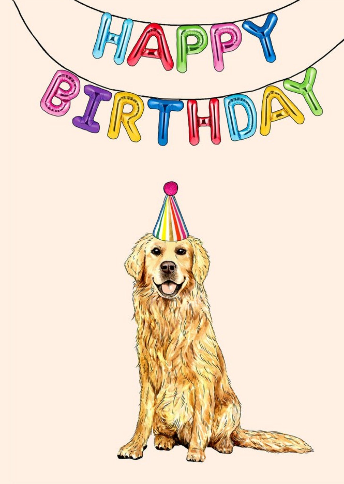 Moonpig Poppy And Mabel Golden Retriever Wearing A Party Hat Happy Birthday Card
