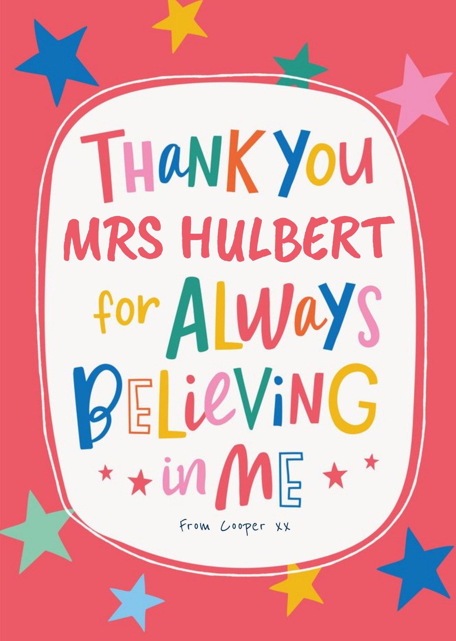 Moonpig Fun Text And Stars Personalise Name Thank You Teacher Card