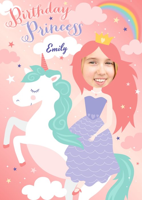 Princess & Unicorn Birthday Card - Use your own photos to make the recipient a princess