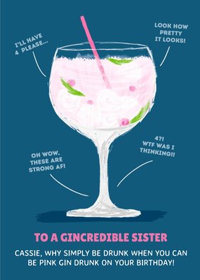 Funny Sister Birthday Card - pink gin drunk drinking alcohol