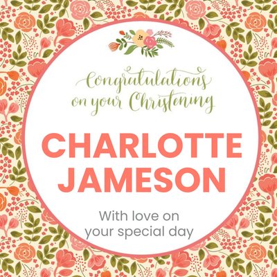 Coral Floral Background Personalised Christening Day Card