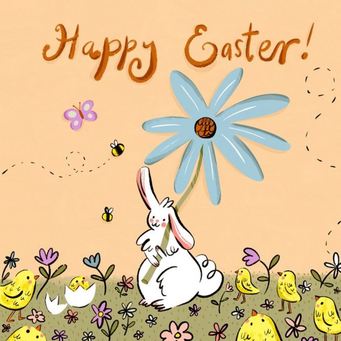 Cute Illustration Of A White Rabbit Holding A Giant Flower Surrounded By Little Chicks Easter Card