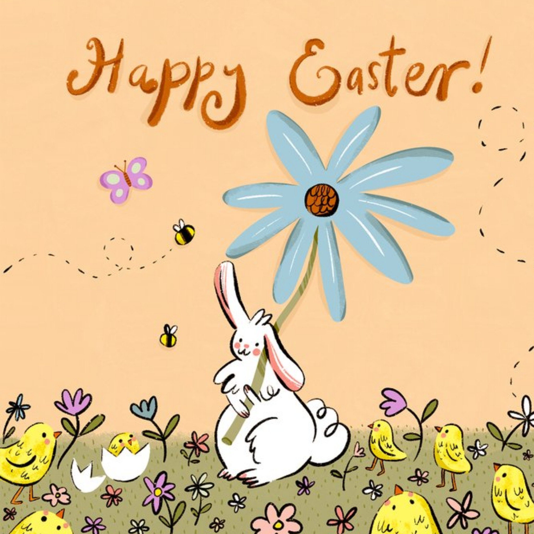 Moonpig Cute Illustration Of A White Rabbit Holding A Giant Flower Surrounded By Little Chicks Easte