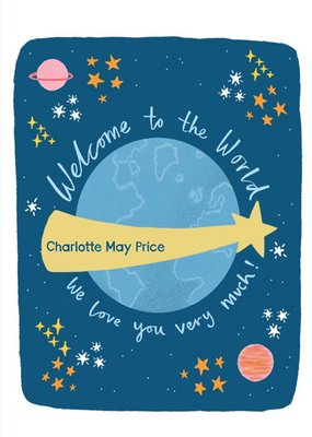Modern Illustration Shooting Star The World In Space Personalise New Baby Card