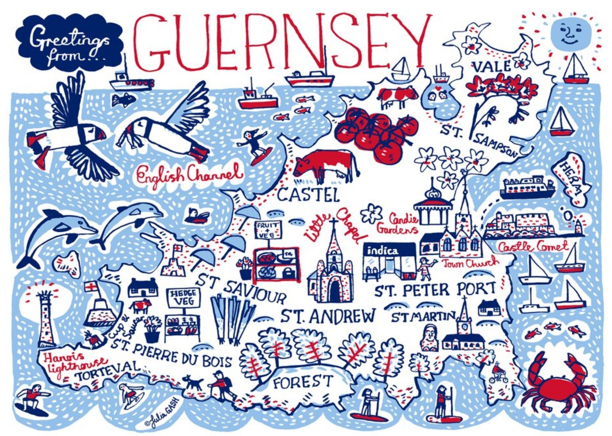 Moonpig Illustrated Greetings From Guernsey Map Card