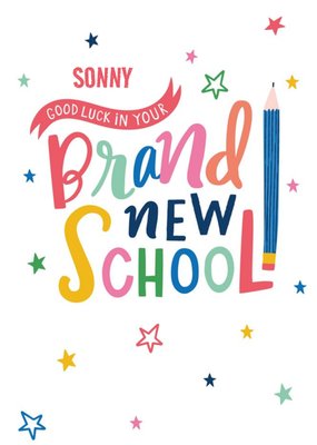 Modern Fun Pencil And Stars Illustration Personalise Name Brand New School Card