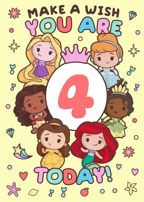 Disney Princess Make A Wish You Are 4 Today Cartoon Princess Illustrations Birthday Card
