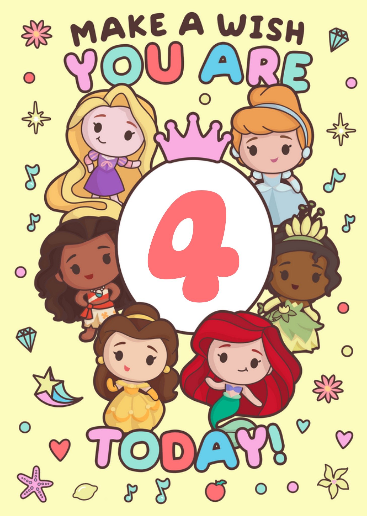 Disney Princess Make A Wish You Are 4 Today Cartoon Princess Illustrations Birthday Card Ecard