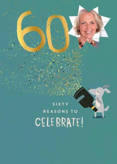 Personalised Photo Illustrated Party Popper Dog 60th Birthday Card