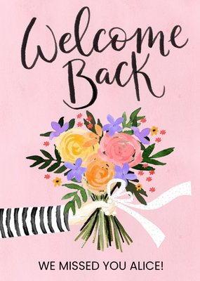 Illustration Of A Bouquet Of Flowers On A Pink Background Welcome Back Card