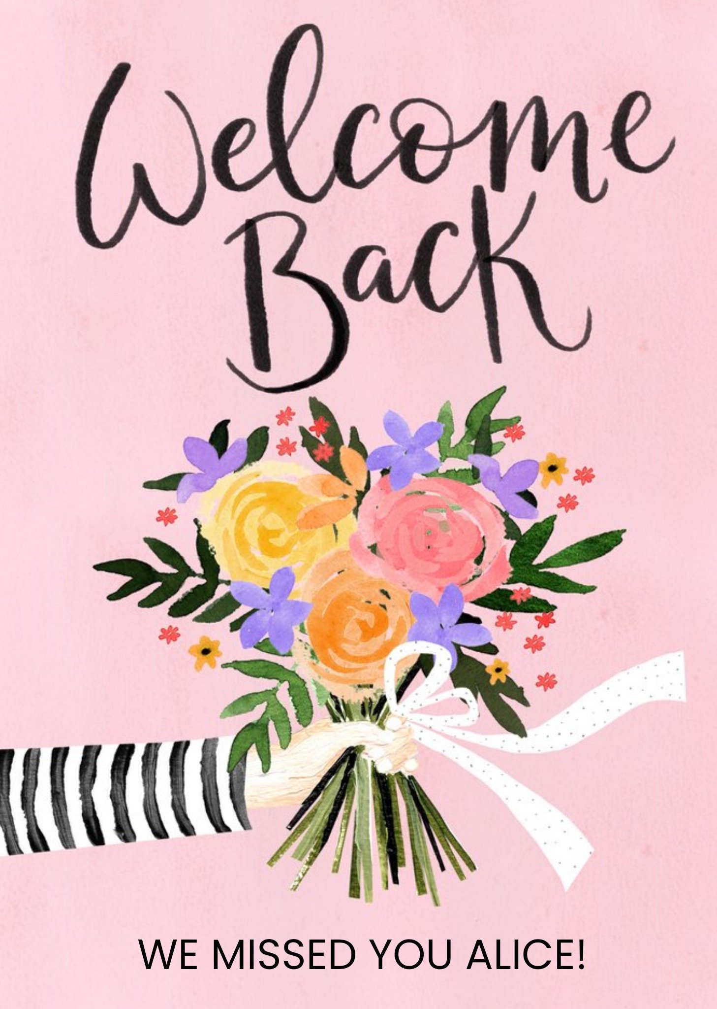 Okey Dokey Design Illustration Of A Bouquet Of Flowers On A Pink Background Welcome Back Card