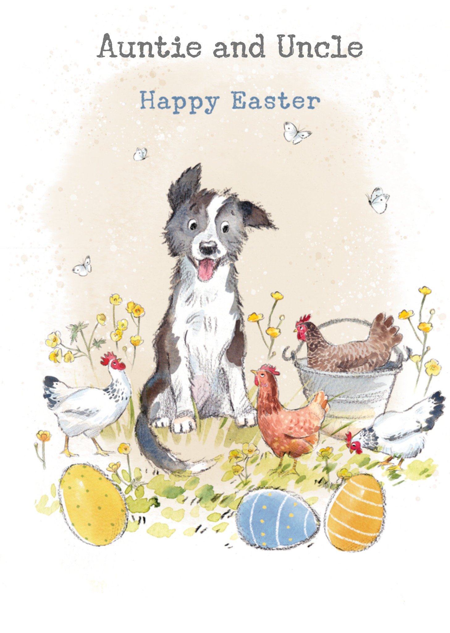 Moonpig Auntie And Uncle Happy Easter Illustrated Dog And Hens Easter Card