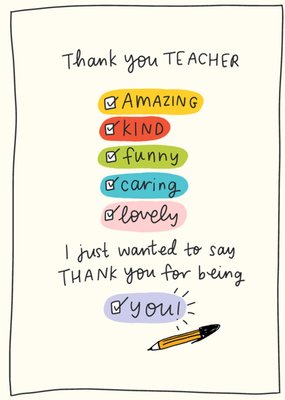Thank You Teacher For Being You Illustrated Checklist Card