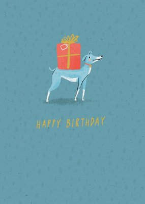 Modern Cute Blue Dog Carrying Present Birthday Card