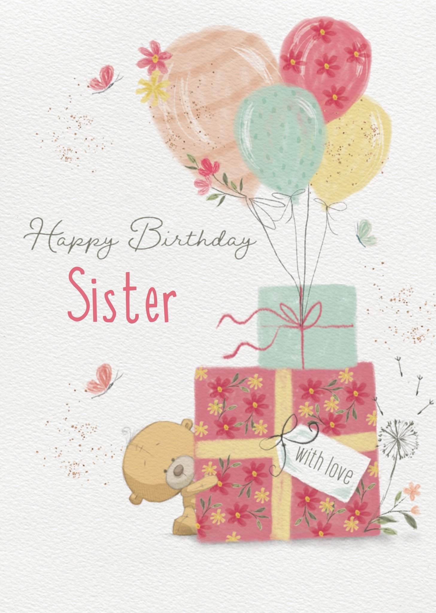 Uddle Happy Birthday Sister Illustrated Balloons And Wrapped Presents Birthday Card, Large