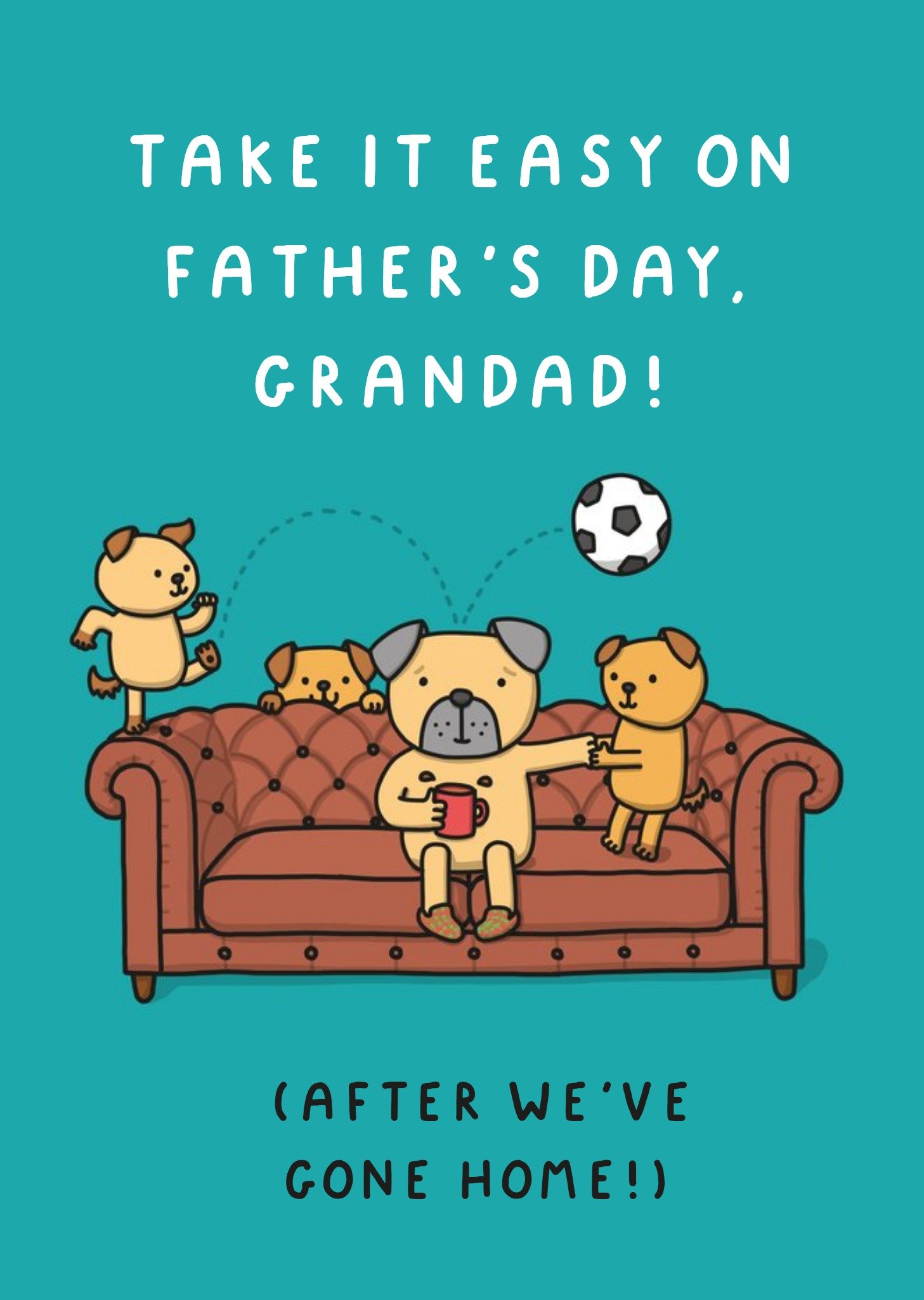 Moonpig Illustration Of A Dog On A Sofa While Three Puppies Are Messing Around Grandad's Father's Da