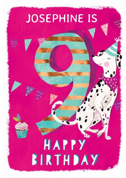 Ling design - Kids Happy Birthday card - Dalmatian dog - 9 Today