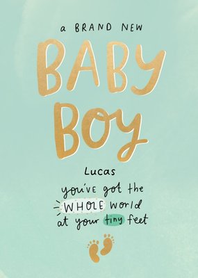 Handwritten Typography With Baby Footprints On A Teal Background New Baby Boy Card