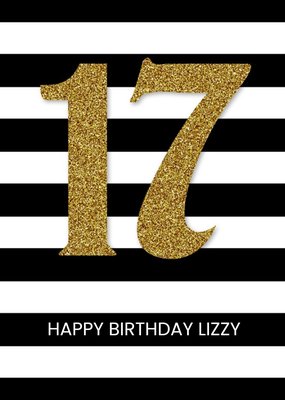 Black And White Stripe Personalised Happy 17th Birthday Card