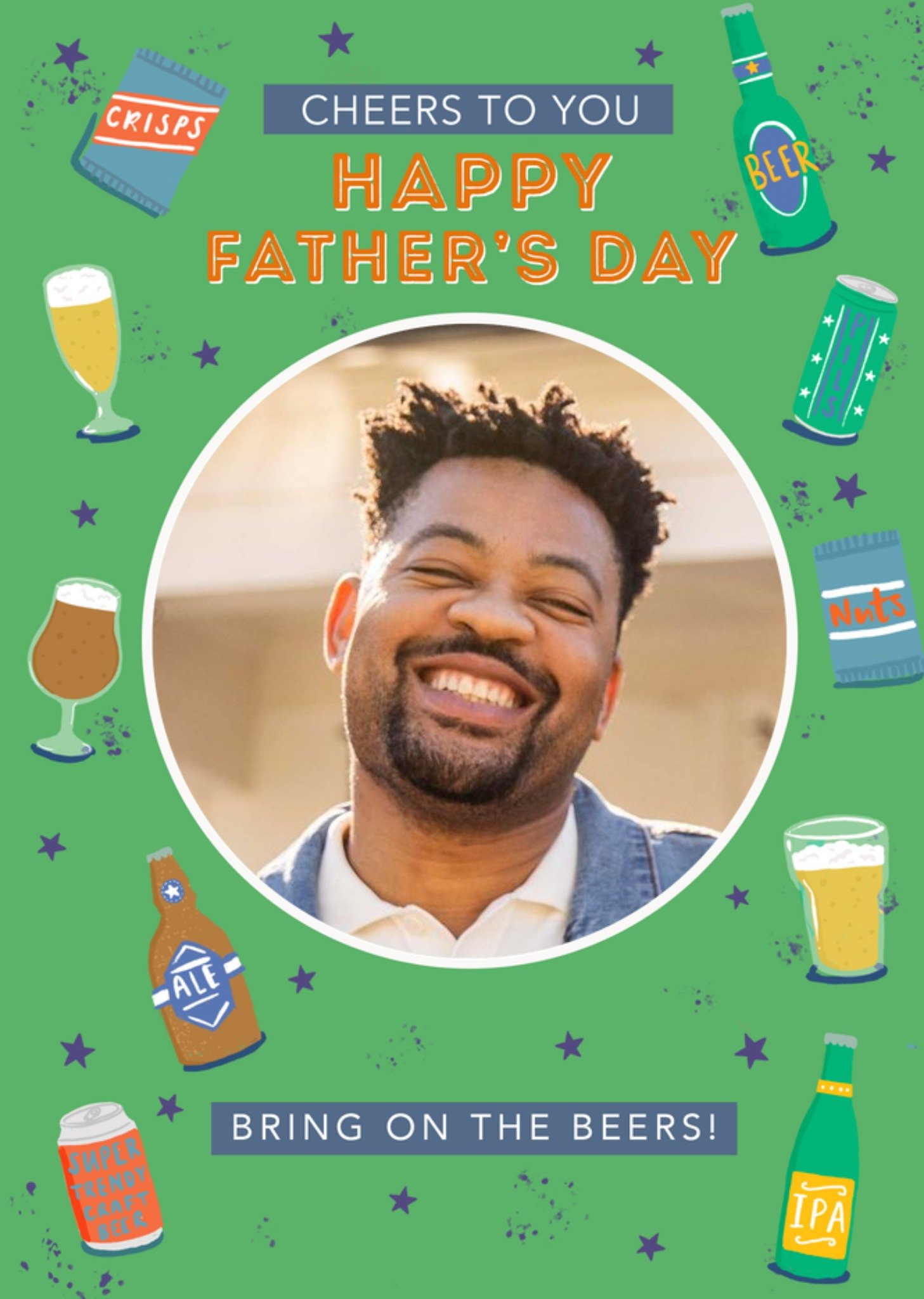 Moonpig Circular Photo Frame Surrounded By Illustrations Of Beer Photo Upload Father's Day Card