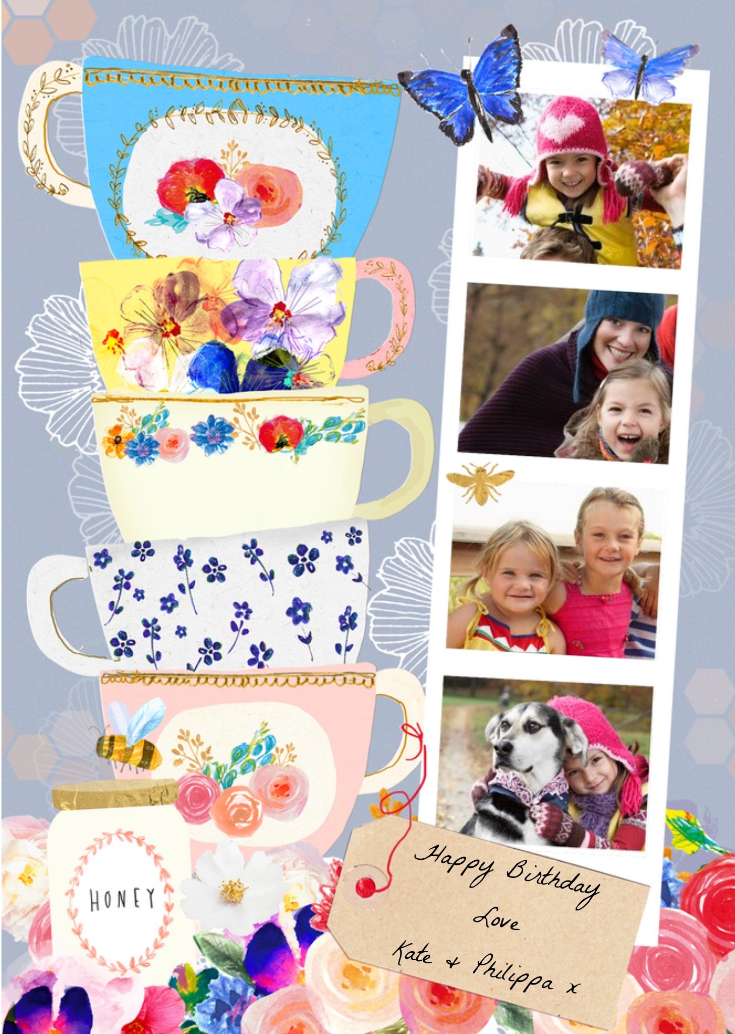 Moonpig Bright Colours And Gorgeous Printed Tea Cups Personalised Photo Card