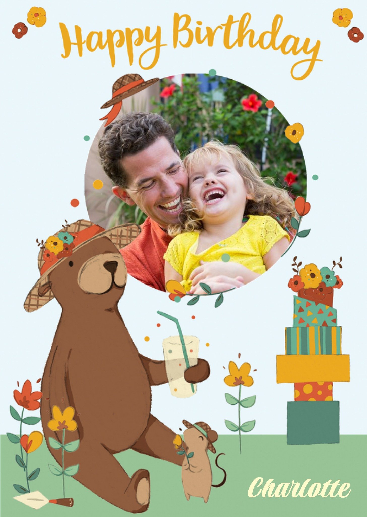 Moonpig Personalised Bear And Mouse In The Garden Happy Birthday Photo Card