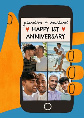 Grandson And Husband Happy 1st Anniversary Photo Upload Card