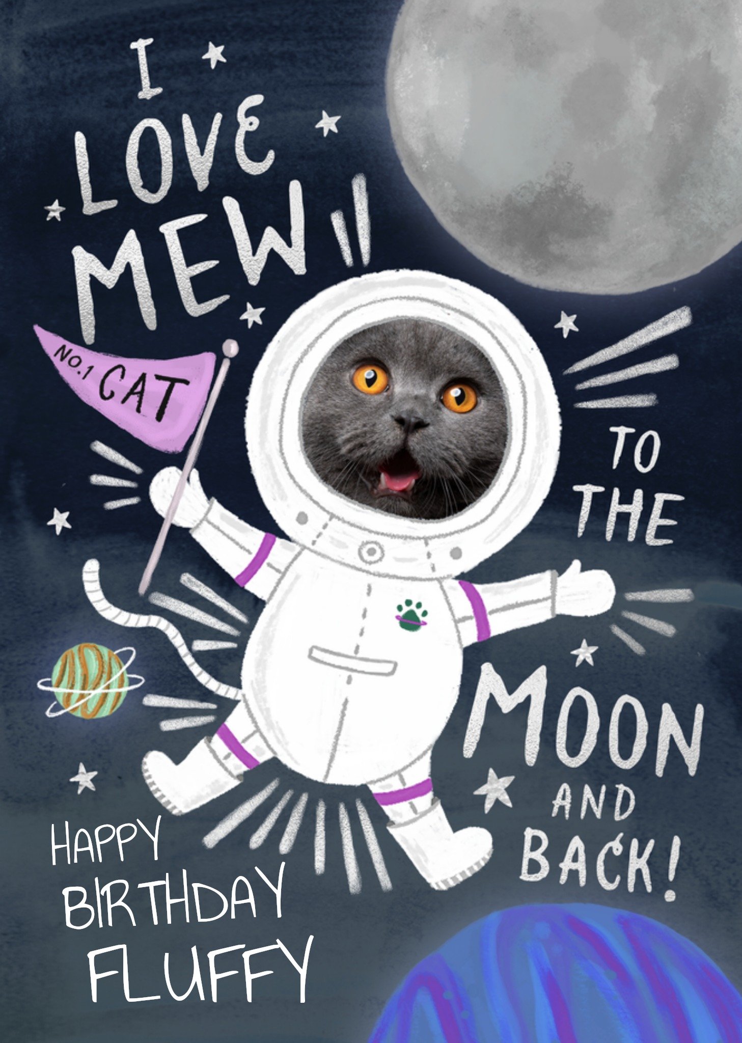 Moonpig Cat Astronaut Love Mew To The Moon And Back Photo Upload Birthday Card