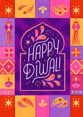 Illustrated Icons Patchwork Happy Diwali Card