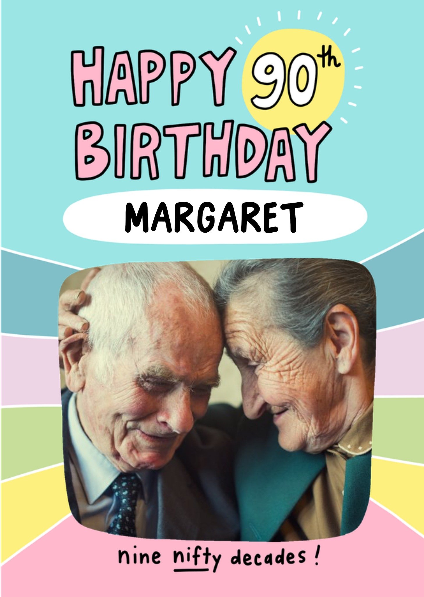 Moonpig Colourful Border With Fun Typography Ninetieth Birthday Photo Upload Card