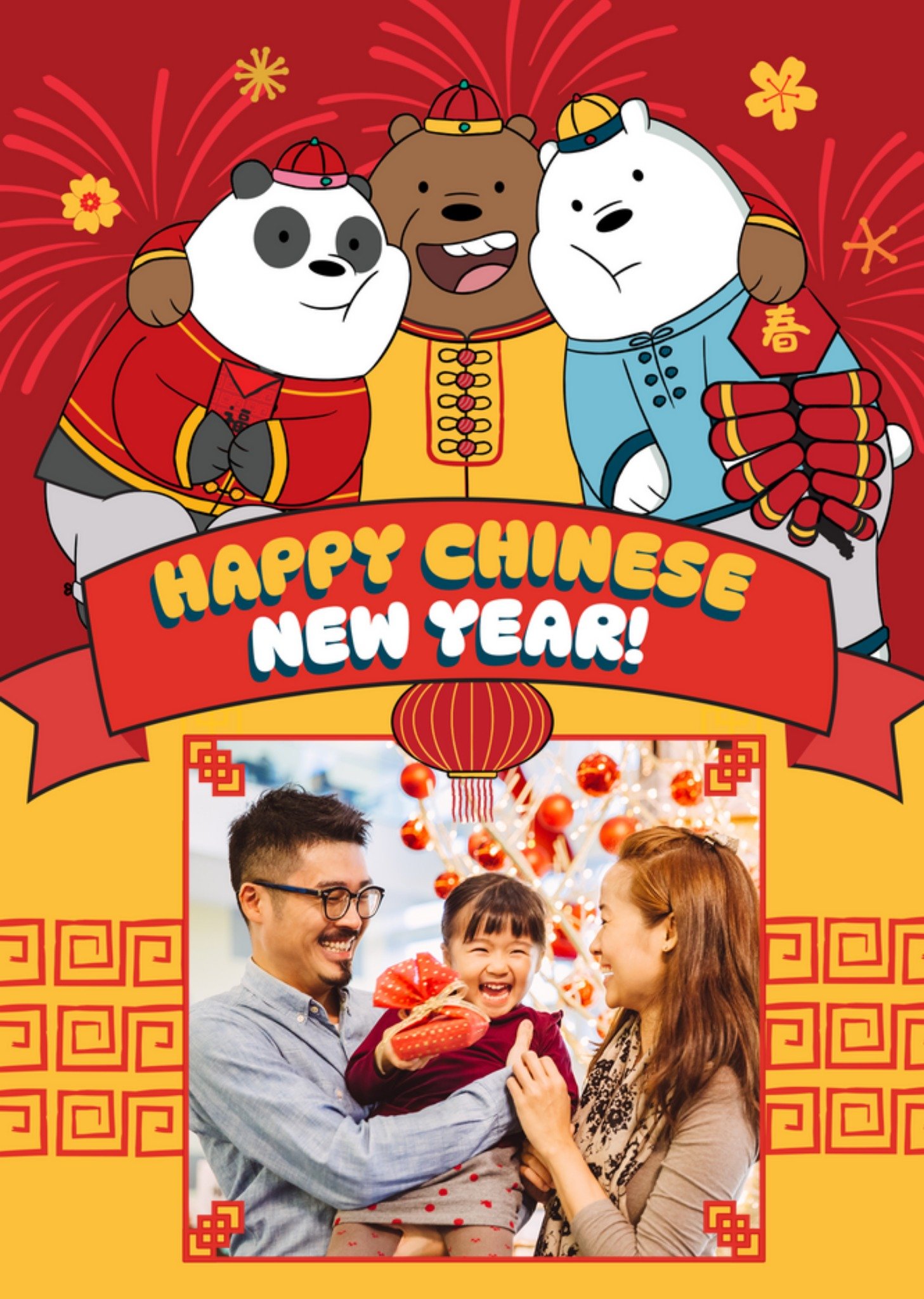 Moonpig We Bare Bears Happy Chinese New Year Photo Upload Card, Large