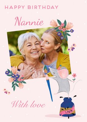 Cute Mouse Illustration Happy Birthday Nannie Photo Upload Card