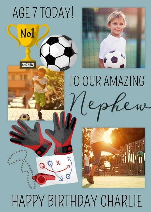 Okey Dokey Illustrated Sport Football Amazing Nephew 7th Birthday Photo Upload Card