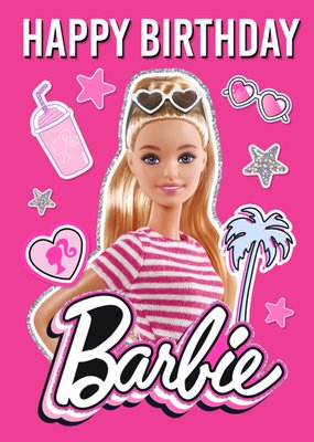 Barbie Pink Tropical Illustration Happy Birthday Card
