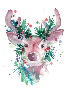 Beautiful Reindeer With Holly Watercolour Illustration Christmas Card