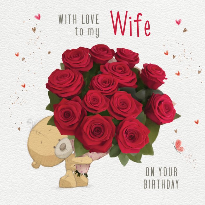 Uddle With Love To My Wife Illustrated Teddy With Bouquet Of Roses Birthday Card