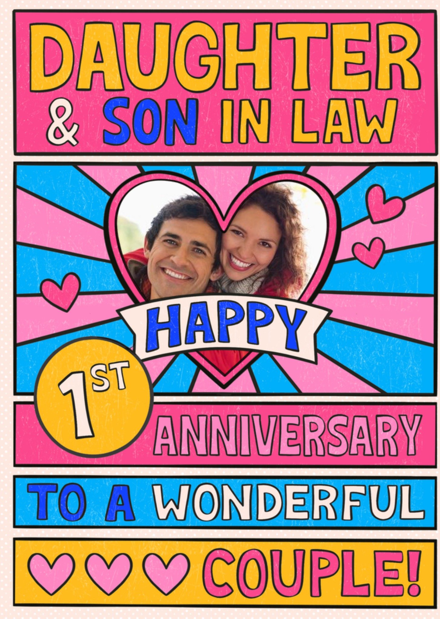 Moonpig Colourful And Retro Typography Daughter & Son In Law Photo Upload First Anniversary Card