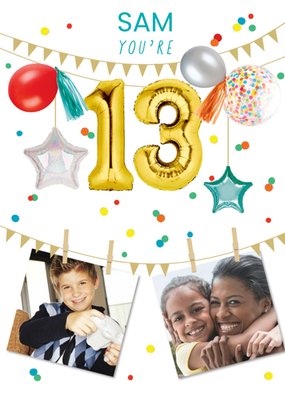 Party Themed Display Of Balloons With Two Photo Uploads Thirteenth Birthday Card