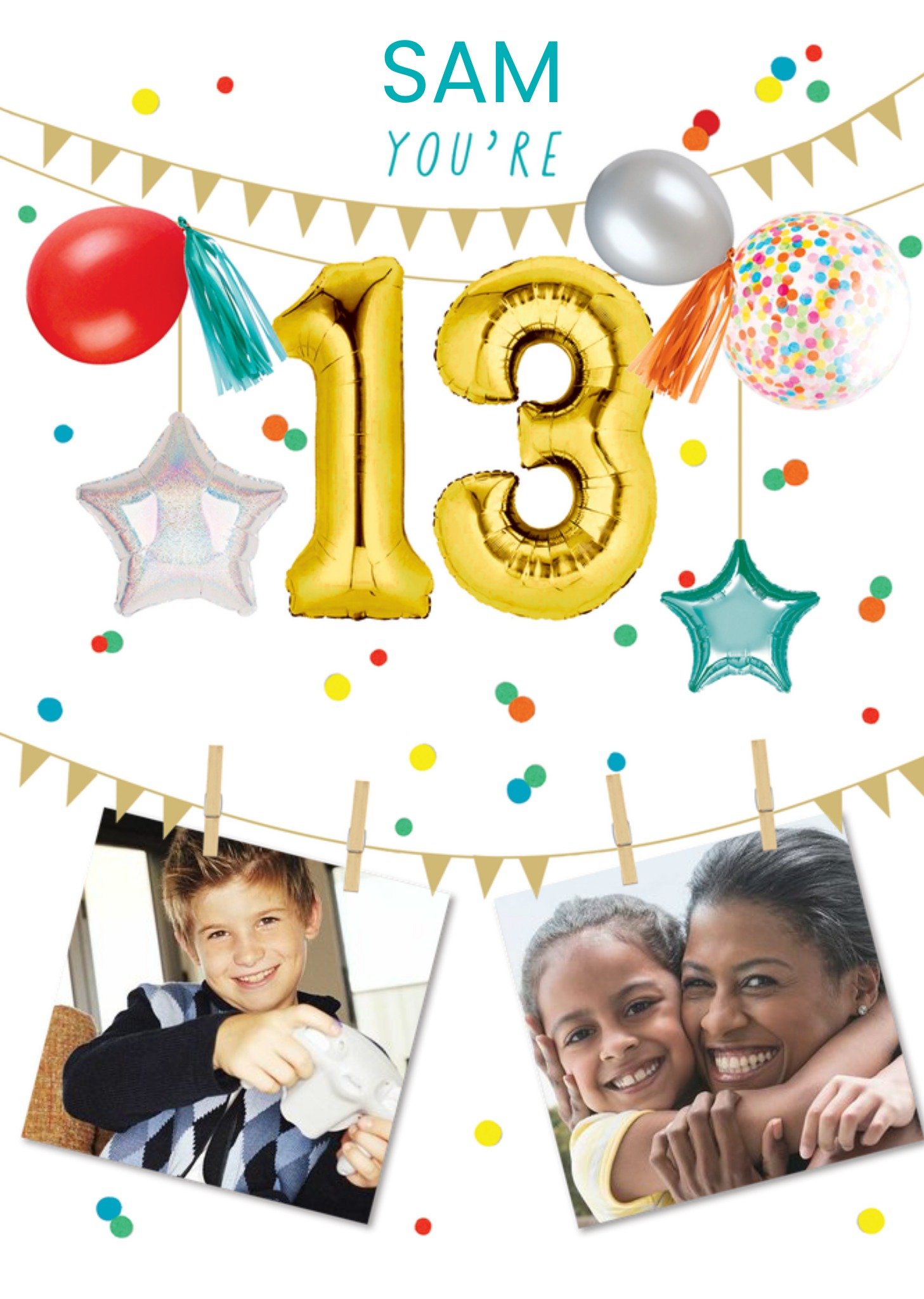 Moonpig Party Themed Display Of Balloons With Two Photo Uploads Thirteenth Birthday Card