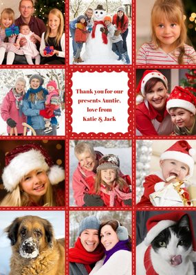 Red And White Stitched Frame Personalised Upload Photo Thank You Christmas Card