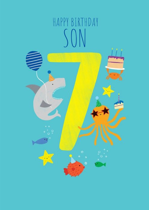 Happy Birthday Son Party Fish Octopus Shark 7th Birthday Card