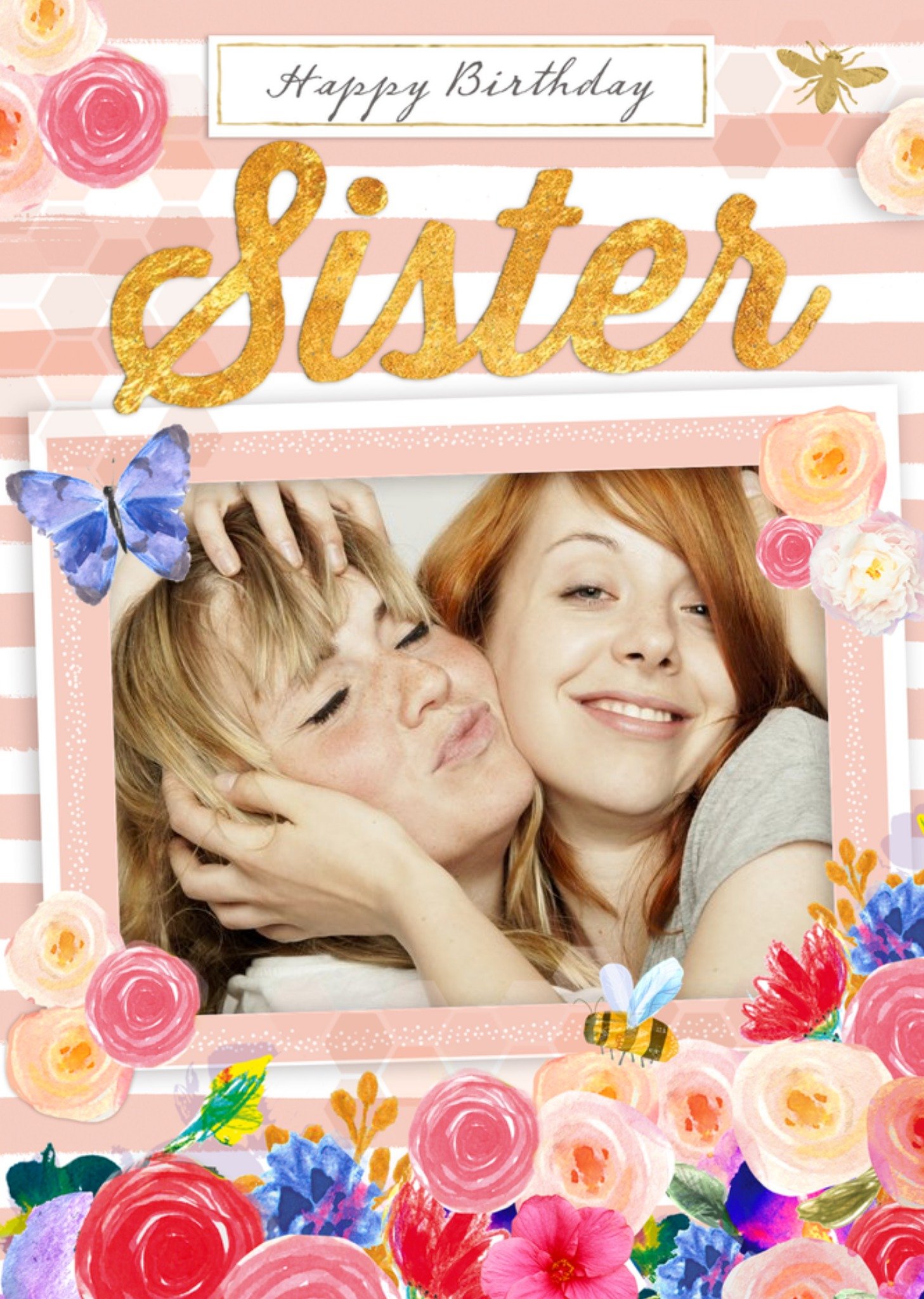 Moonpig Stripes, Butterflies And Roses Personalised Photo Upload Happy Birthday Card For Sister