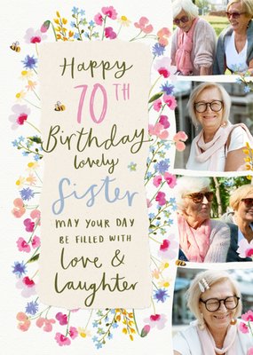 Sister Floral Illustrated Photo Upload 70th Birthday Card