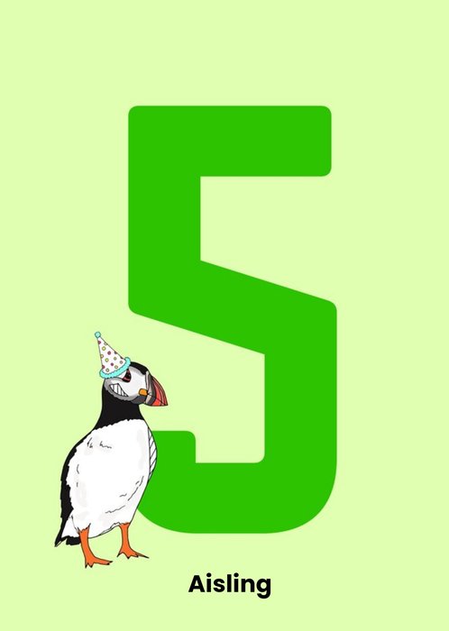 Illustration Of A Puffin Wearing A Party Hat Next To A Large Number Five Fifth Birthday Card