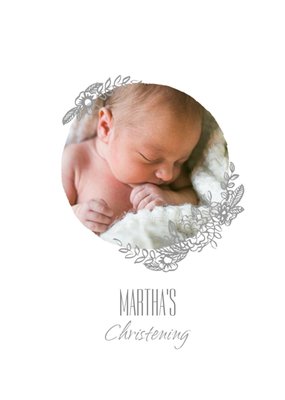 Grey Flowers Photo Upload Christening Invitation