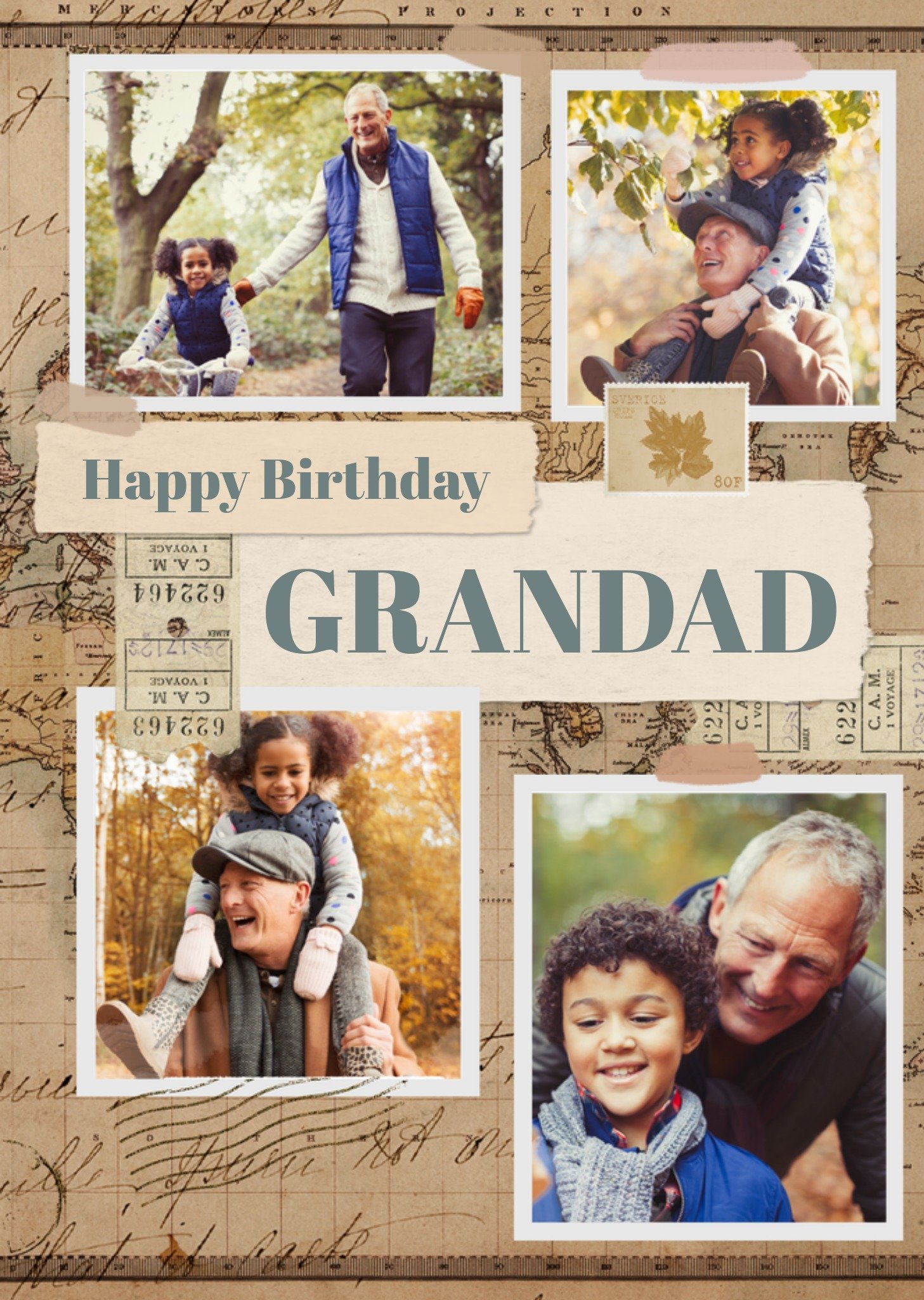 Moonpig Nostalgic Vintage Photographic Map Happy Birthday Grandad Photo Upload Birthday Card